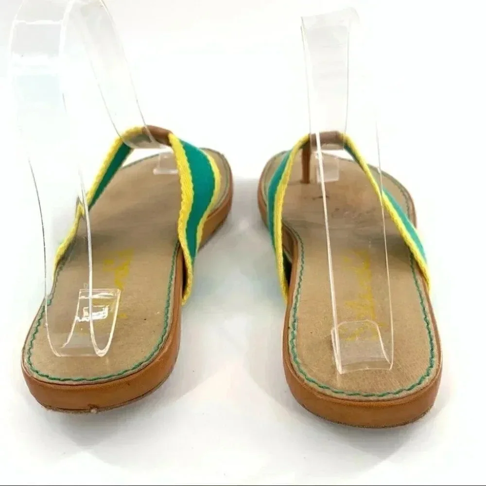 Splendid womens sandals sz 8 green yellow canvas retro beach preppy flip flops